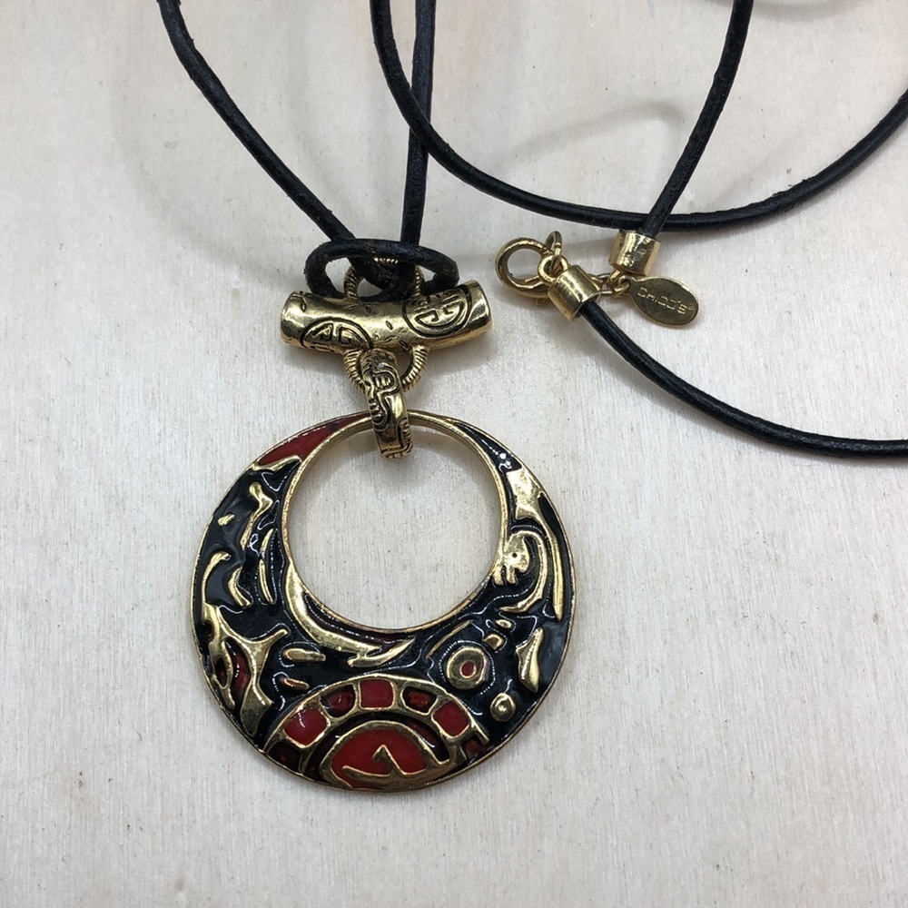 Chico's enamel Asian inspired style pendant long necklace-statement style.